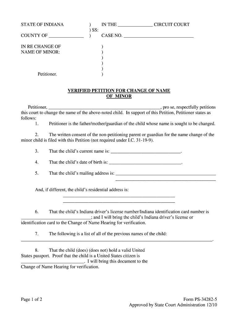 Indiana Verified Petition For Change Of Name Of Minor Form Fill Out And Sign Printable PDF