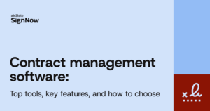 A blue blog thumbnail image with text: Contract management software: top tools, key features, and how to choose.