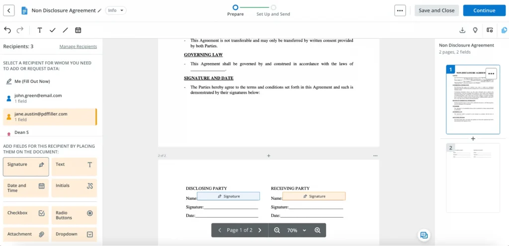 Create signature fields: Customize signature fields for each signer by dragging and dropping the 'Signature' field onto the document, then adjust settings as needed.