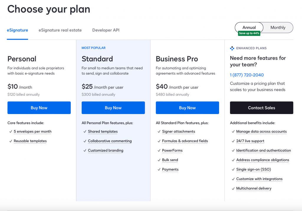 DocuSign pricing plans - billed annually
