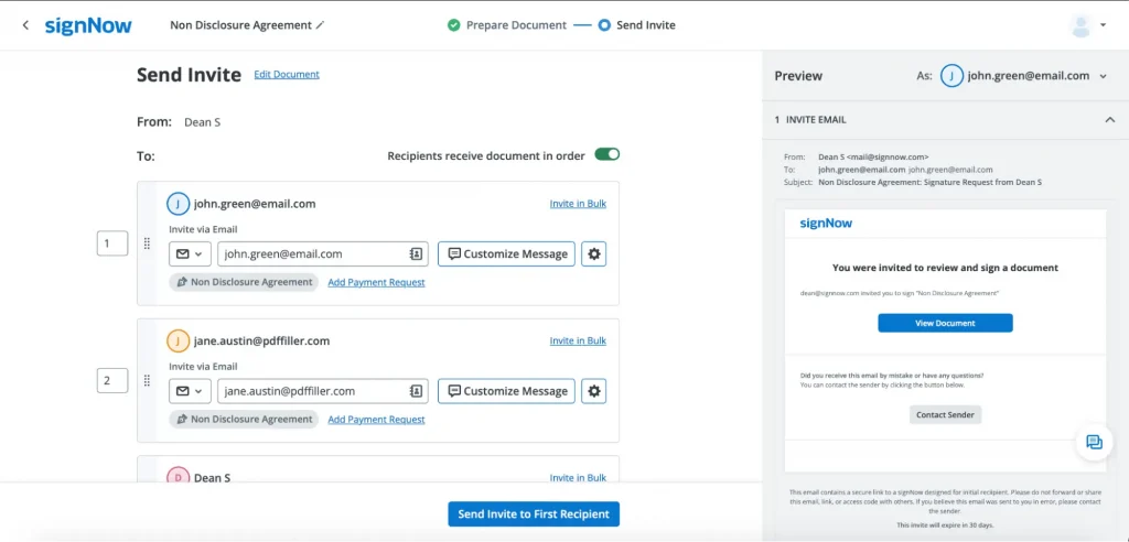 Send NDA for signing: Distribute the NDA to recipients for electronic signing. Recipients will receive an email containing a link to access and sign the document.