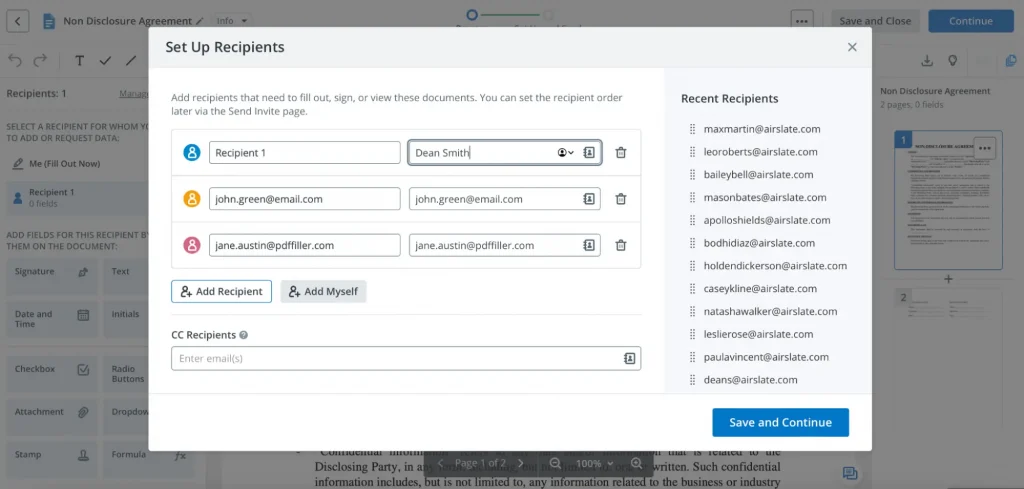 Add recipients: Specify recipients for NDA signing by entering or dragging their email addresses in the 'Set Up Recipients' window.