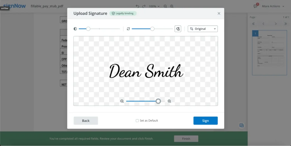 Upload your signature: Easily add your signature by dragging and dropping or uploading an image in JPG, GIF, or PNG format from your device.