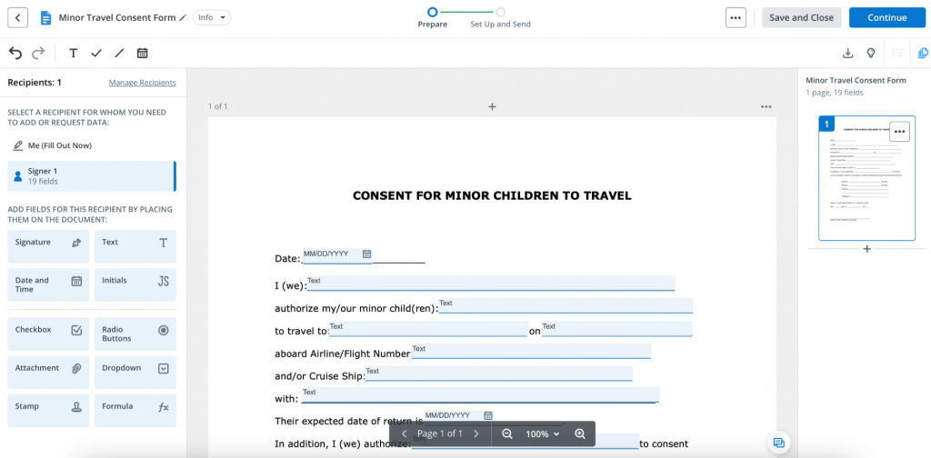 The image shows the Minor Travel Consent Form template found in SignNow Forms Library