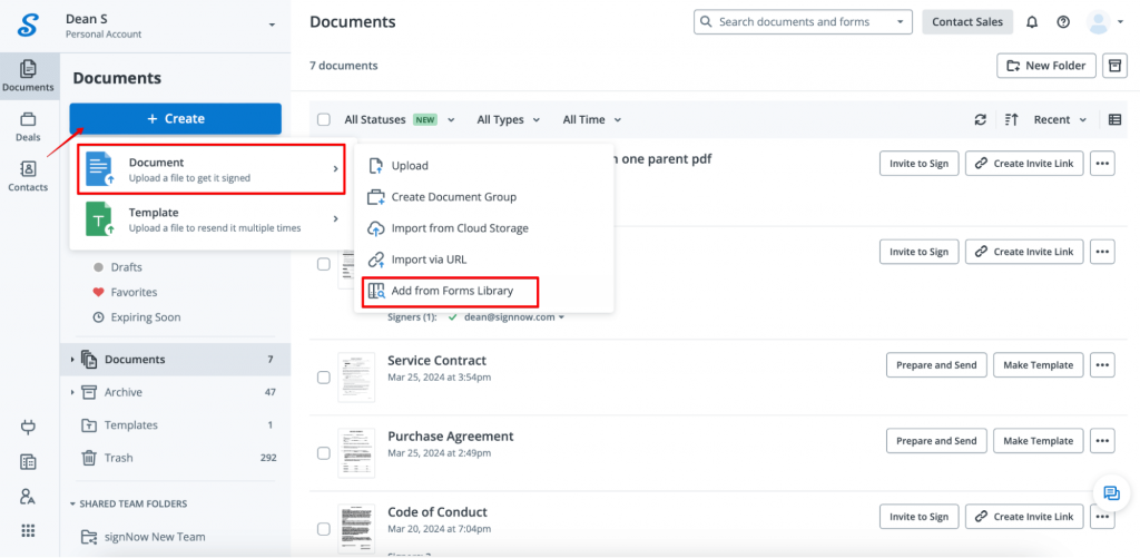 This image shows how to access a document template in the SignNow Forms Library