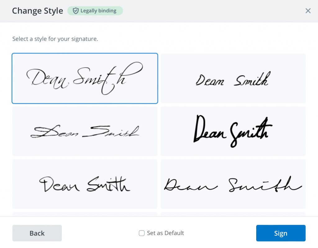 This image shows the different styles of electronic signatures available in your SignNow account