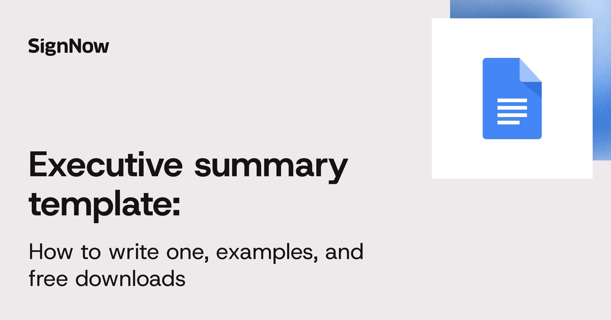 A grey blog thumbnail image with graphic elements and text: Executive summary template.