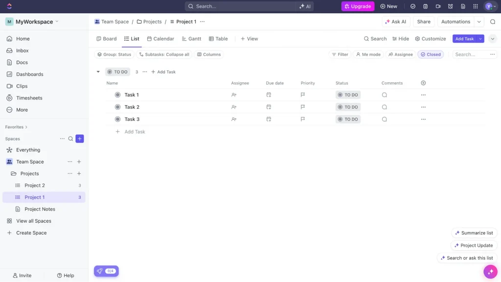 This image shows a screenshot of a ClickUp dashboard in 'List' view for 'Project 1' under 'Team Space,' showing three tasks ('Task 1,' 'Task 2,' 'Task 3') with 'To Do' status. Options like 'Board' and 'Calendar' are visible at the top.