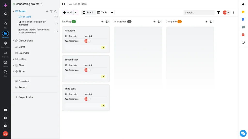 This image shows a screenshot of ProofHub dashboard showing an "Onboarding project" with tasks displayed in a Kanban board format. Columns include "Backlog," "In progress," and "Complete," with task details like due dates and assignees. The left panel lists project features like Gantt, Calendar, and Reports.