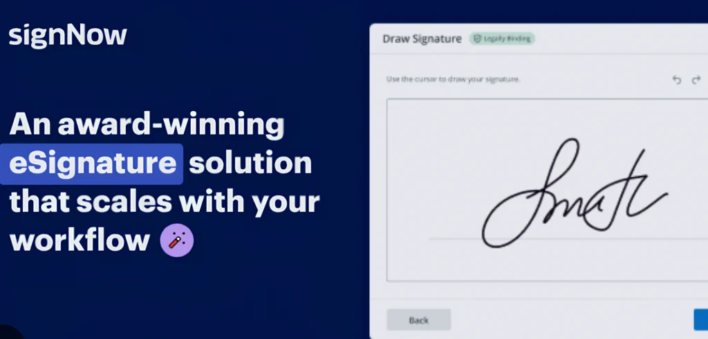 This image shows a screenshot of the SignNow page featuring the tagline: "An award-winning eSignature solution that scales with your workflow." On the right, a signature-drawing interface is displayed, allowing users to draw their signature digitally.