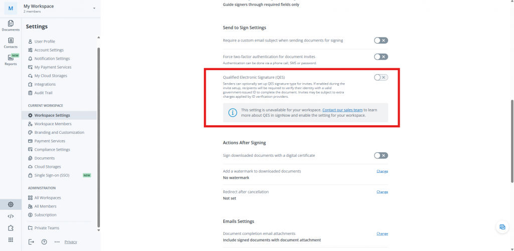 A screenshot of the SignNow workspace settings page, showing the Qualified Electronic Signature (QES) option.