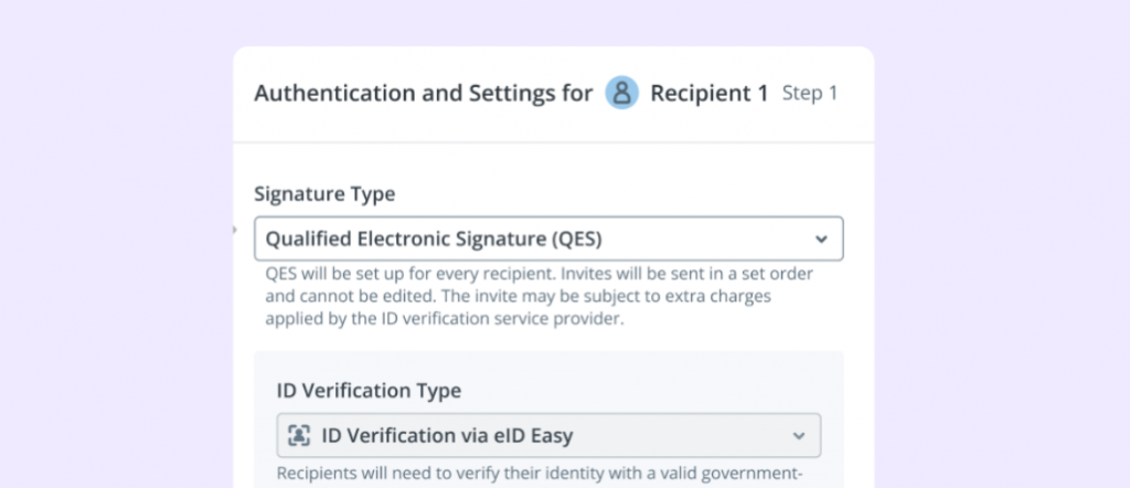 A screenshot of SignNow's 'Authentication and Settings' pop-up, showing 'Qualified Electronic Signature (QES)' selected as the Signature Type.