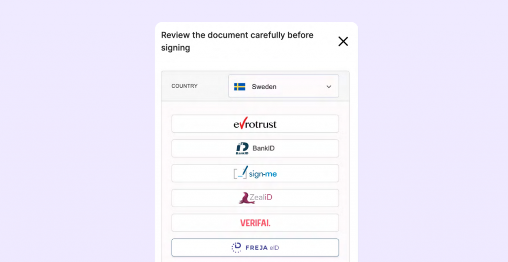 A screenshot of the eID Easy provider selection screen in SignNow, showing Sweden as the selected country and a list of trust providers like Evrotrust and BankID.