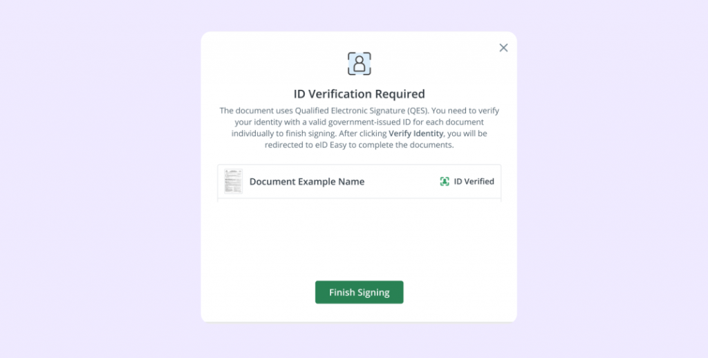 A SignNow pop-up showing 'ID Verification Required' and a 'Finish Signing' button.