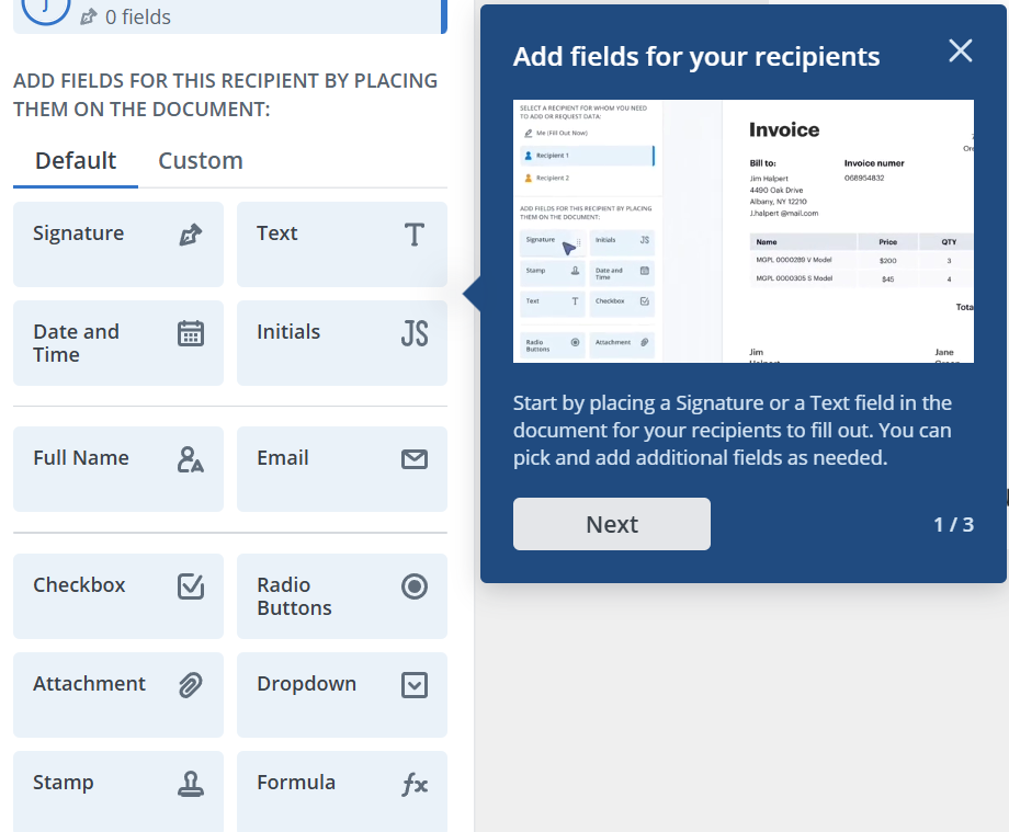 The i;;ustration of SignNow's option to add fillable fields for the recipients.