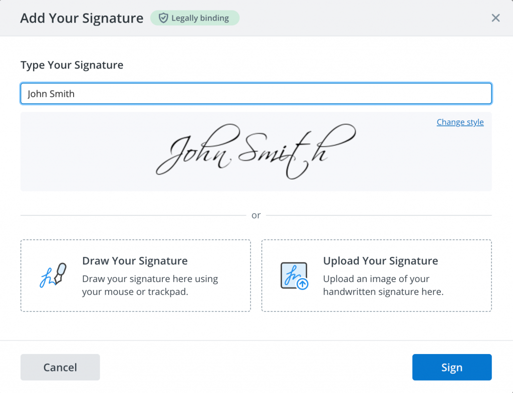 SignNow “Add Your Signature” window showing typed, drawn, and uploaded eSignature options marked as legally binding.