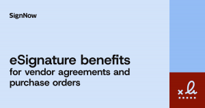 A blue blog thumbnail image with graphic elements and text: eSignature benefits for vendor agreements and purchase orders