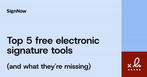 A blue blog thumnnail image with graphic elements and text: Top 5 free eSignature tools and what they are missing.