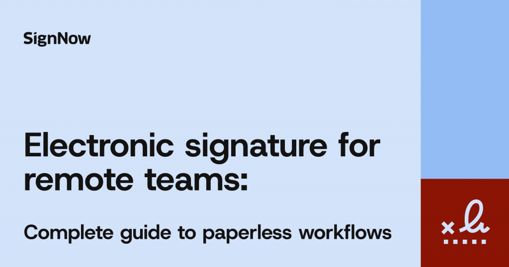 A blue blog thumbnail image with text: Electronic signature for remote teams: Complete guide to paperless workflows.