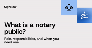 A blue blog thumbnail image with graphic elements and text: What is a notary public?