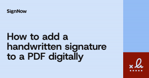 A blue blog thumbnail image with text: How to add a handwritten signature to a PDF digitally.