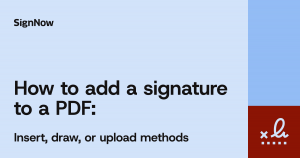 A blue blog thumbnail image with graphic elements and text: How to add a signature to a PDF.
