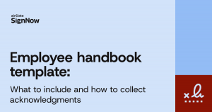 A blue blog thumbnail image with text: Employee handbook template: What to include and how to collect acknowledgements.