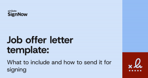 A blue blog thumbnail image with text: Job offer letter template.