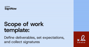 A blue blog thumbnail image with text: Scope of work template: Define deliverables, set expectations, and collect signatures.