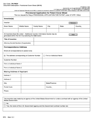 Provisional Application for Patent Cover Sheet Form