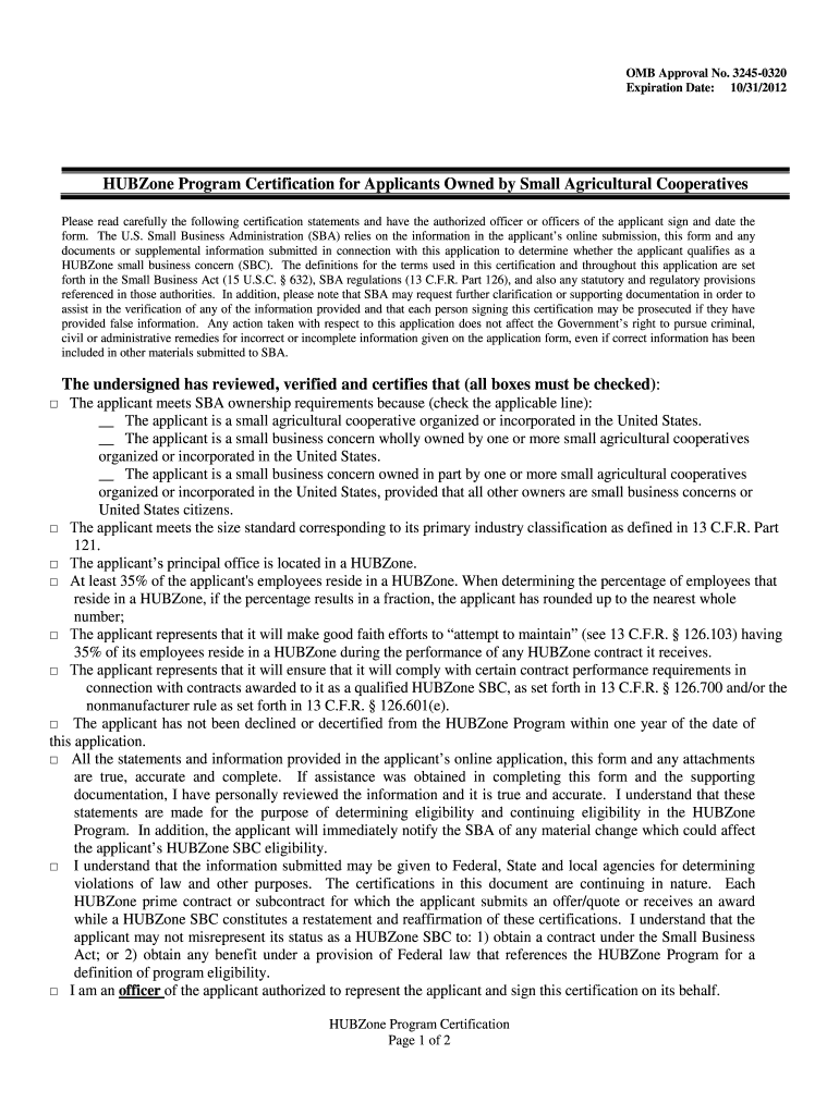 Hubzone Program Certification Signature Sheet  Form