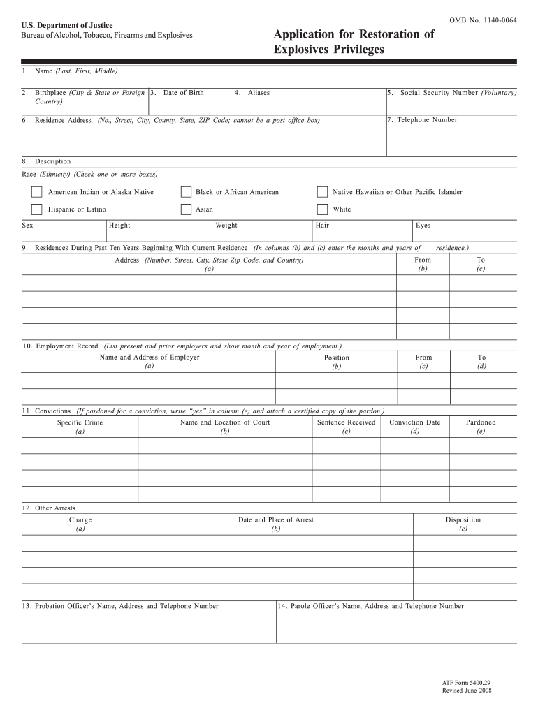  Application for Restoration of Explosives Privileges  Form 2008