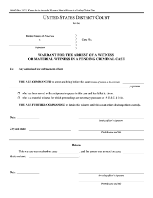 Warrant for the Arrest of a Witness Form