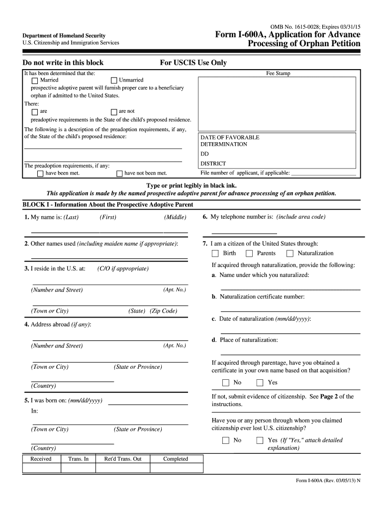 Form I 600A , Application for Advance Processing of Orphan    USCIS  Uscis