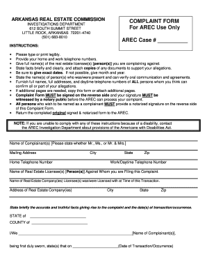 Arkansas Real Estate Commission Complaints  Form