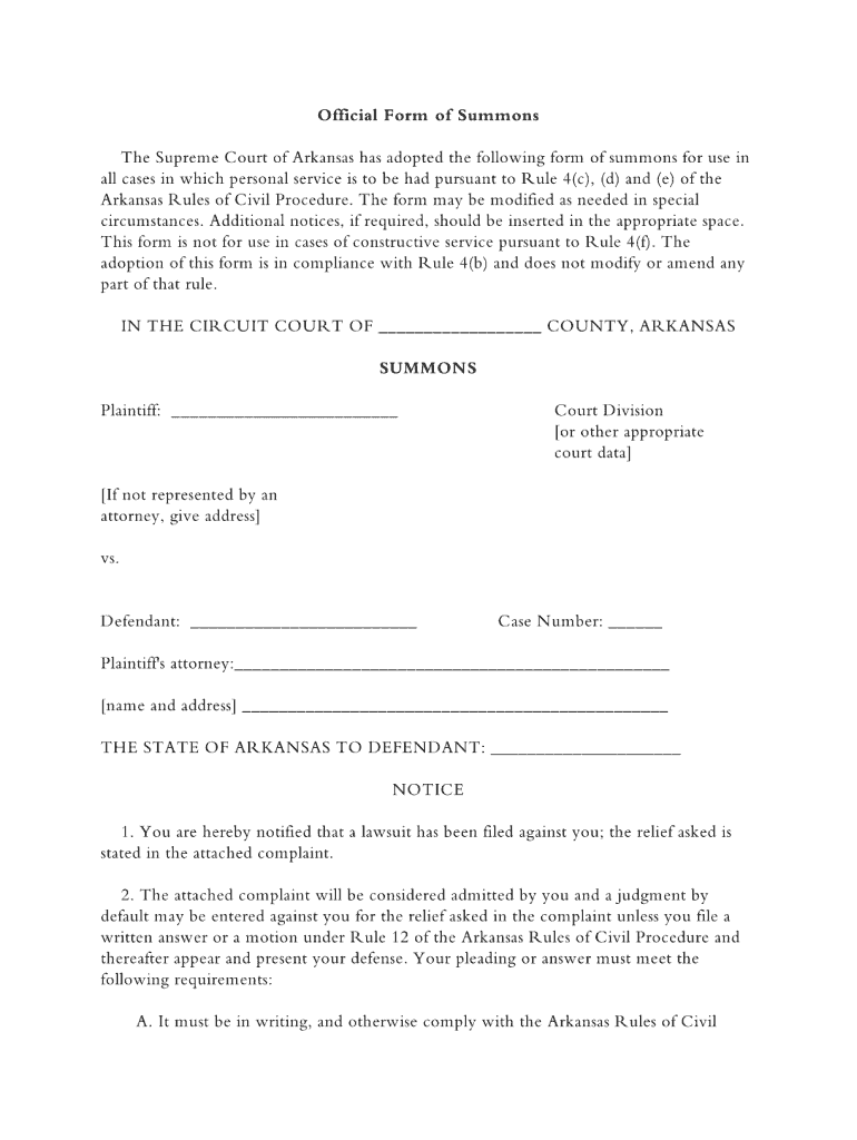 Arkansas Official Form Summons