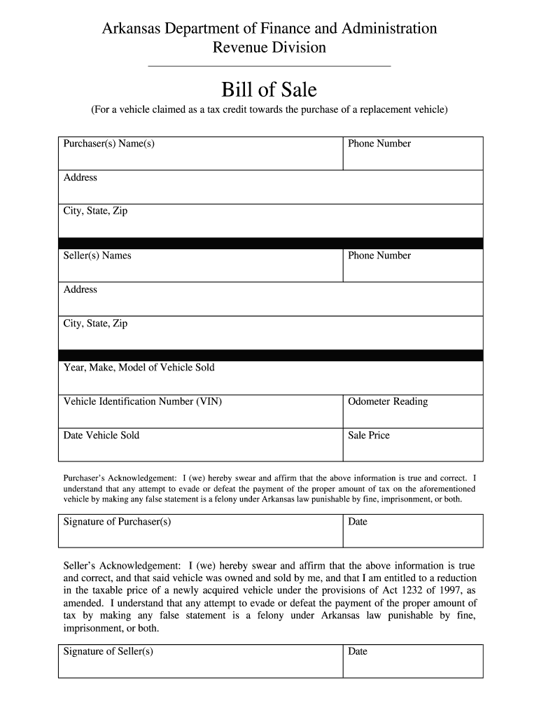 Arkansas Bill of Sale  Form