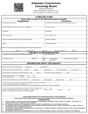 Arkansas Contractors Licensing Board Complaint  Form