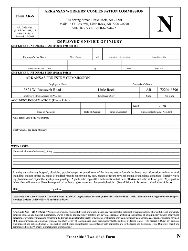  Workers Comp Ar N Form 2001