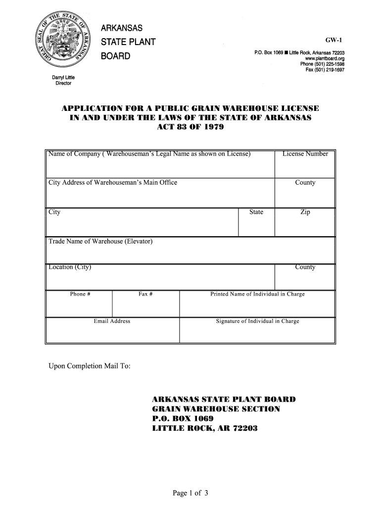 Page 1 of 3 APPLICATION for a PUBLIC GRAIN WAREHOUSE    Plantboard Arkansas  Form