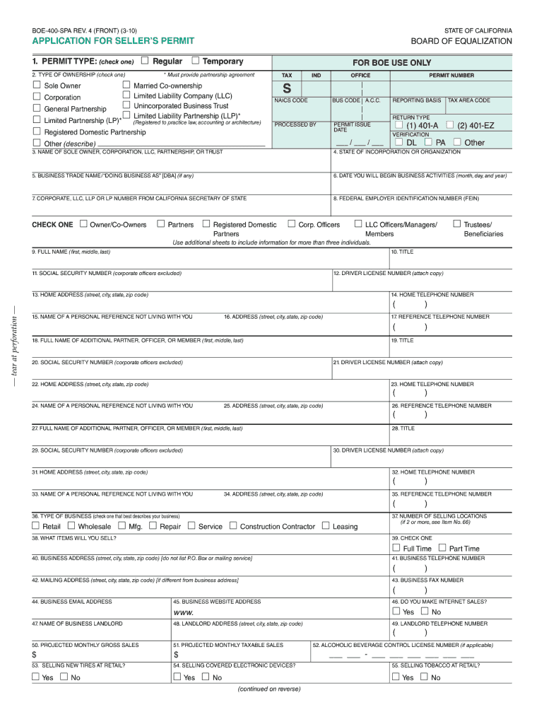  California Seller's Permit Application PDF 2010-2024