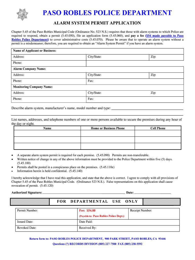 Alarm System Permit Application Upd 07 10  Pasorobles Ca  Form