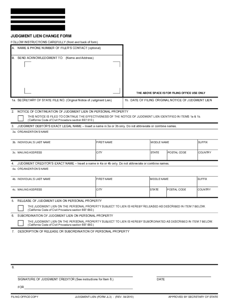 Secretary of State Judgment Lien Change Fomr Jl3  Form