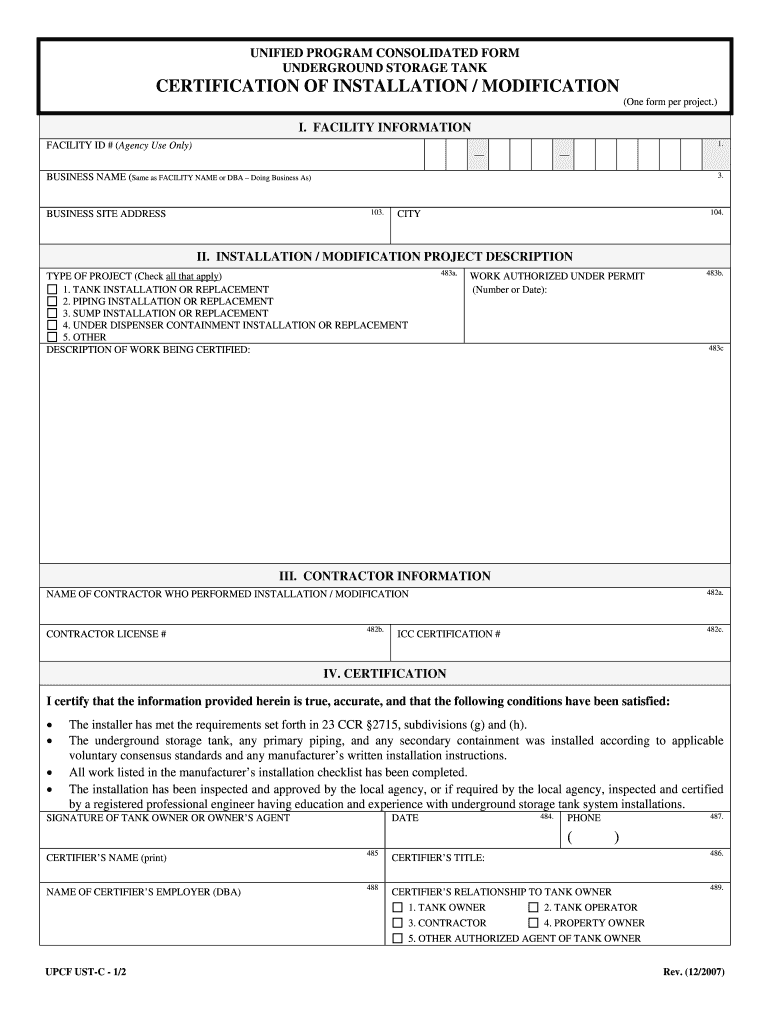 UPCF UST Certification of Installation Modification  CalEPA  Calepa Ca  Form