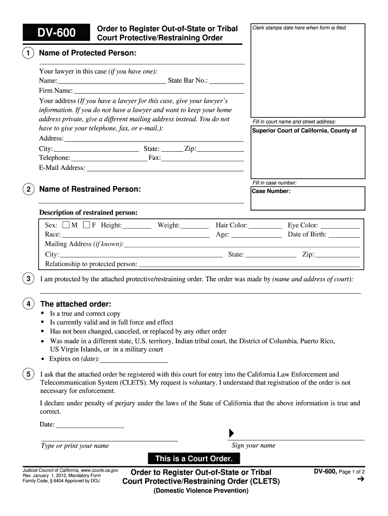  DV 600 California Courts State of California Courts Ca 2012