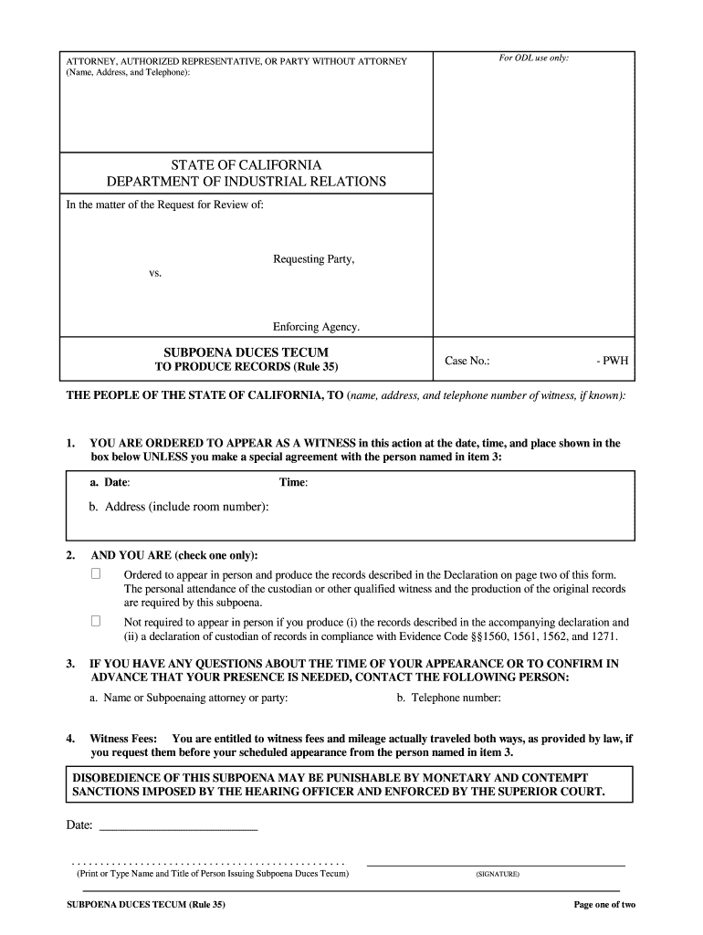 Subpoena Duces Tecum  Form