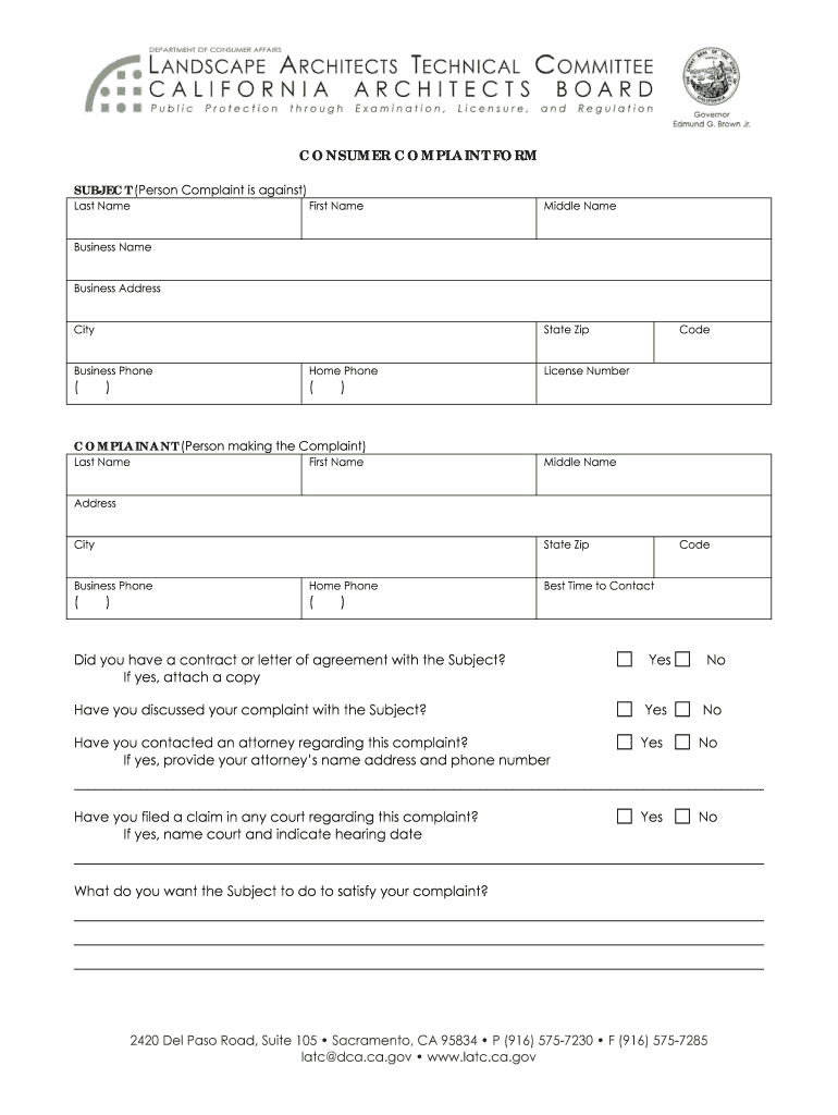 Consumer Complaint Form  State of California  Latc Ca