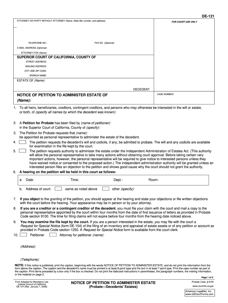  Form De 121 Notice of Petition to Administer Estate 2006