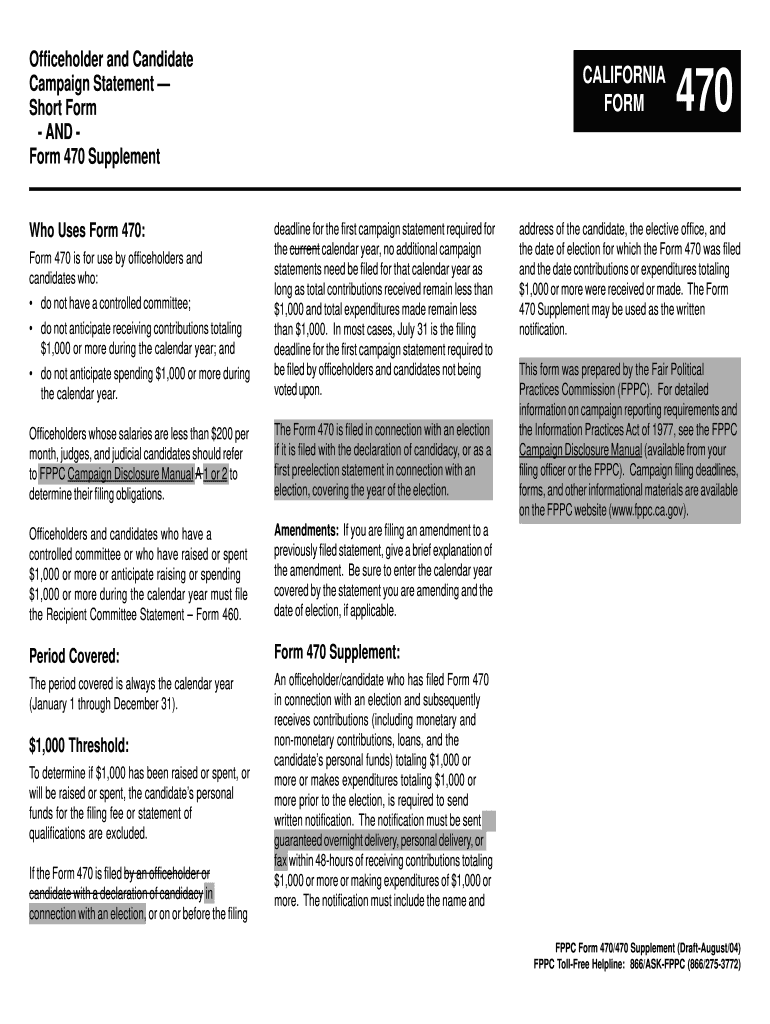  Officeholder and Candidate Campaign StatementShort Form  and 2004