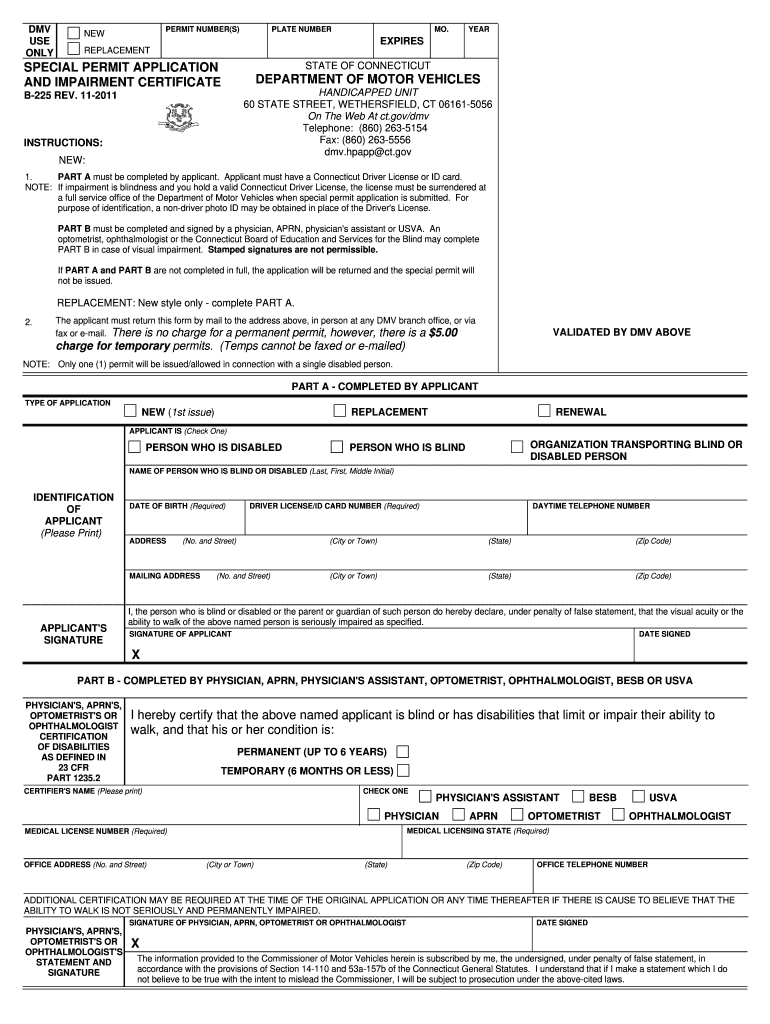 Connecticut Special Permit Application and Impairment Certificate  Form